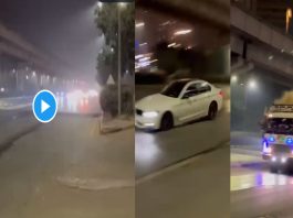 Car jumping in the air, sparks on the road